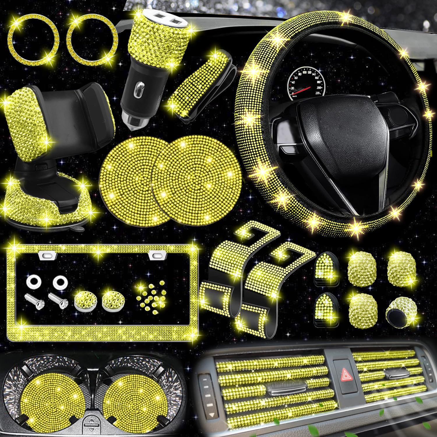 27 PCs Bling Car Accessories Set for Women, Bling Steering Wheel Covers Universal Fit 15 Inch, Bling License Plate Frame, Bling Phone Holder, Bling Car Coasters (Yellow Diamond)