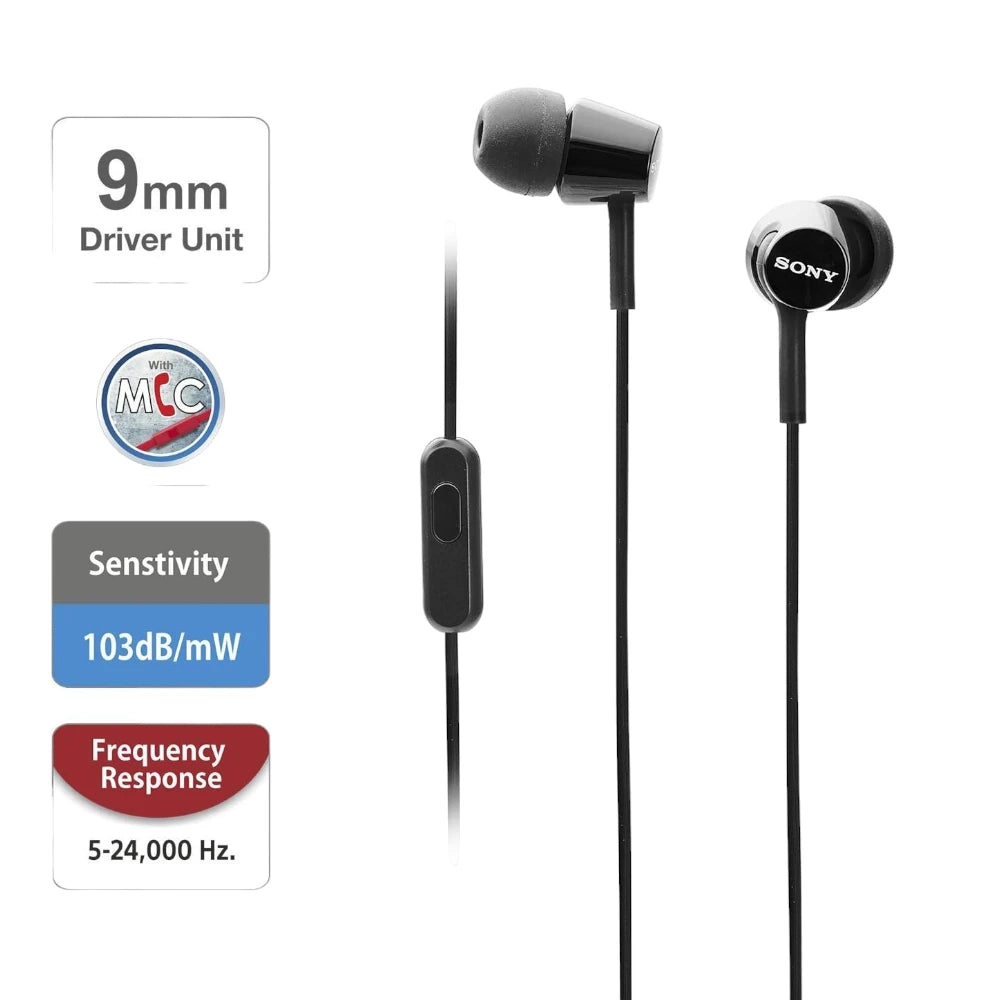 Sony MDREX155AP in-Ear Earbud Headphones/Headset with mic for Phone Call, Black (MDR-EX155AP/B)