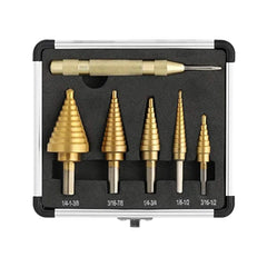 Step Cone Drill Bit Set & Automatic Center Punch- Unibit, Titanium Coated, Double Cutting Blades, High Speed Steel, Short Length Drill Bits Set of 5 pcs, Total 50 Sizes with Aluminum Case cones