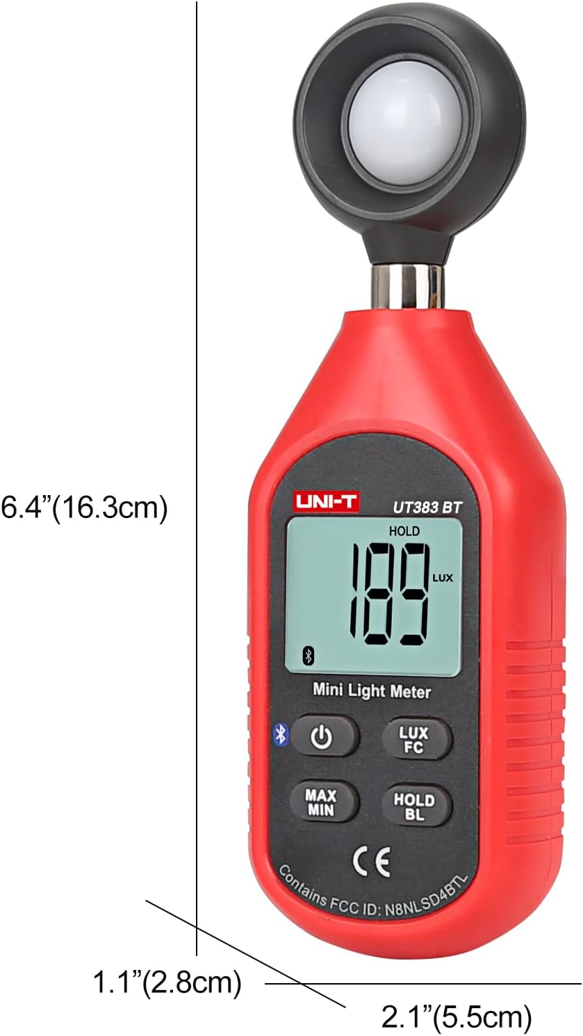 UNI-T Light Meter UT383BT Lux Meter Lumens Digital Illuminance Meter 0~199900 Lux (0~18500 FC) Foot Candles Luxmeter for Film Photography Plants Photometer Lighting Intensity Brightness Measurement