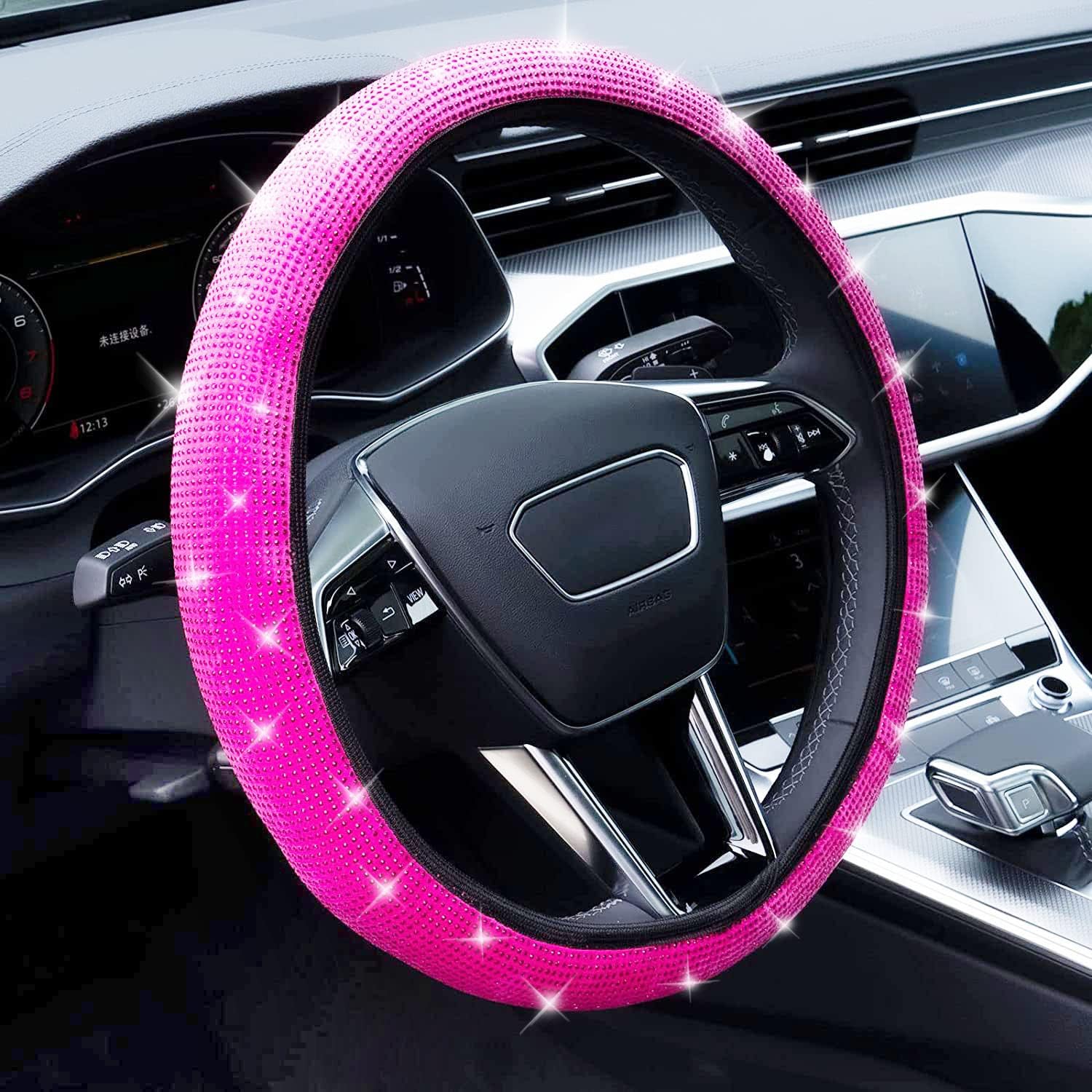 Bling Diamond Leather Steering Wheel Cover, with Sparkly Crystal Glitter Rhinestones Universal Fit 14" 1/2-15" Car Wheel Protector for Women Girl Fit Suvs,Vans,Sedans,Car,Trucks