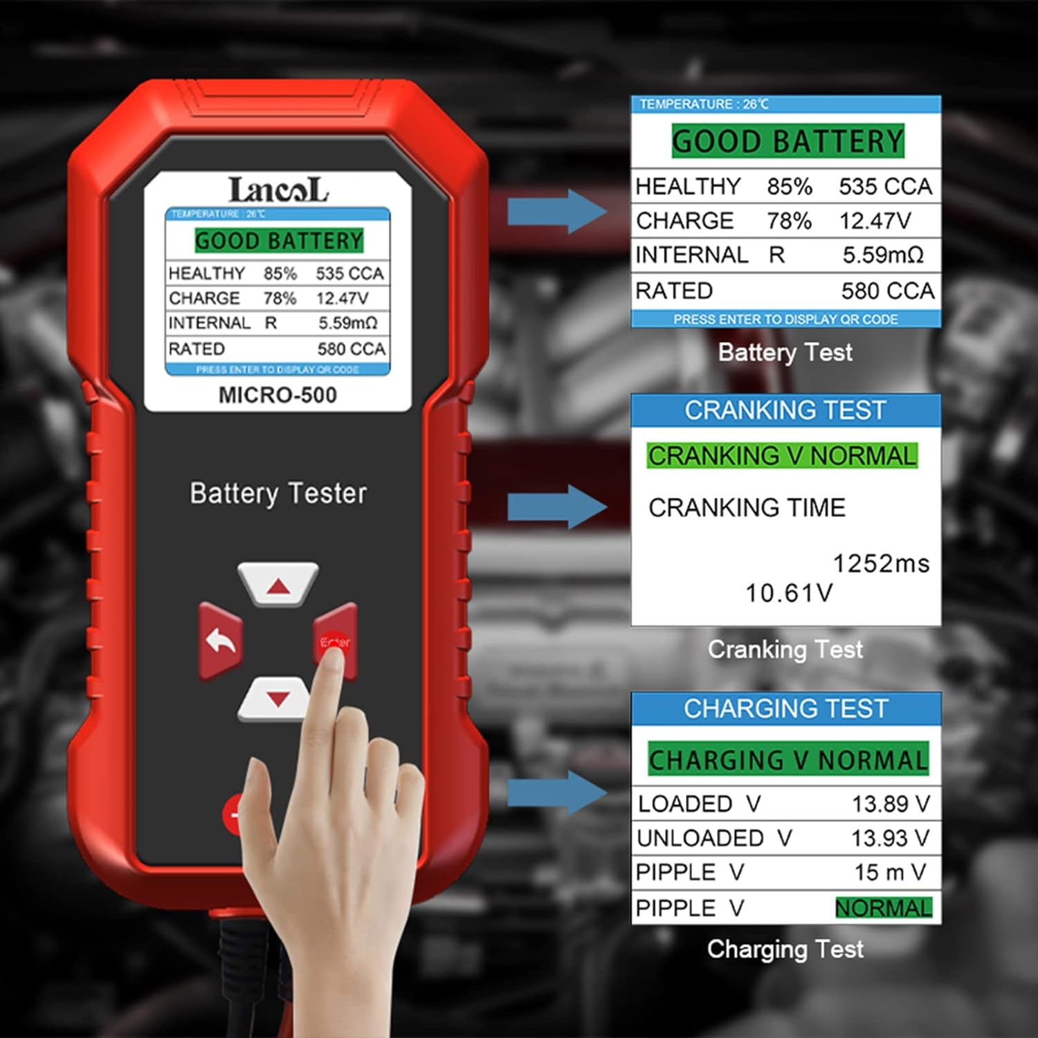 Lancol Micro 500 Car Battery Tester, 12V Lithium Battery Test 40-3000 CCA Cranking System Test Digital Lead Acid Battery Analyzer Automotive Alternator Tester LED Display