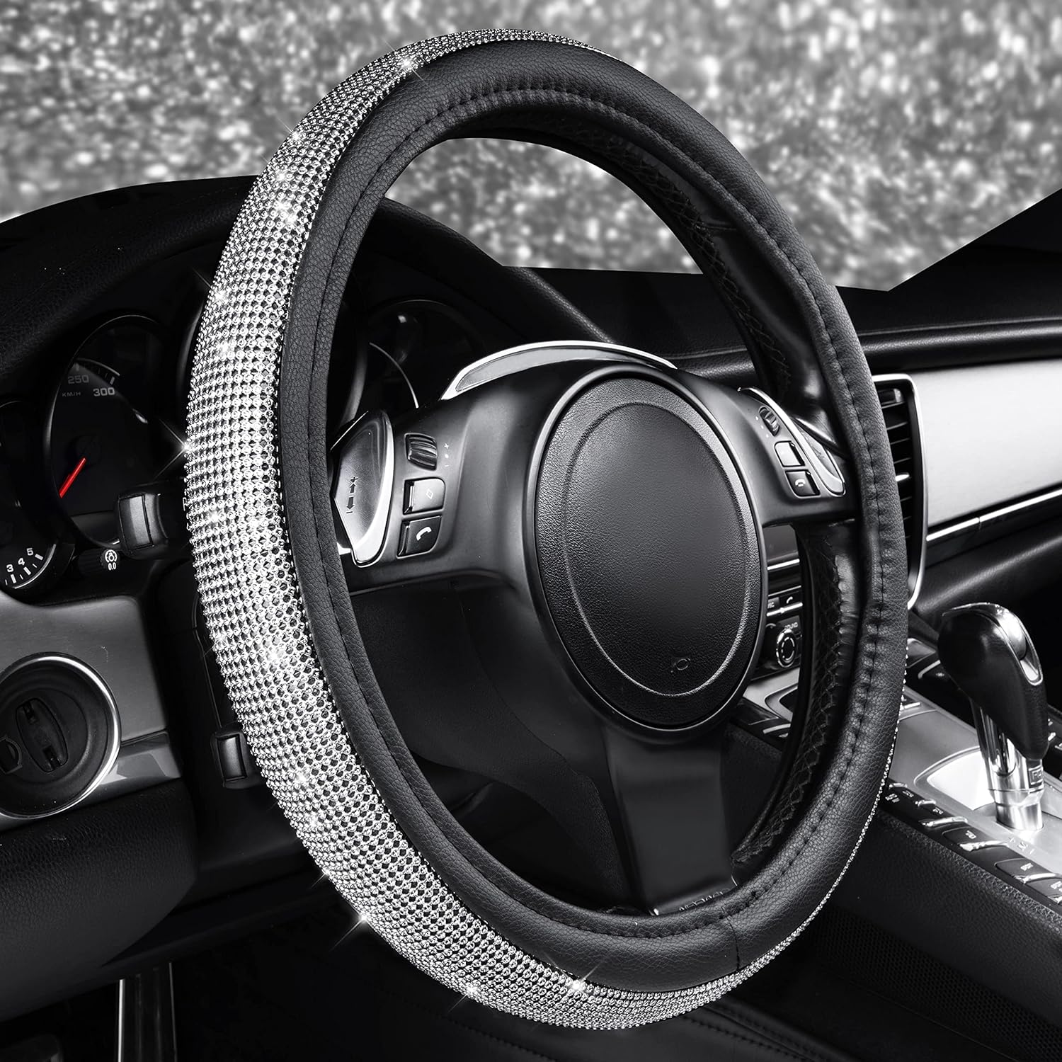 Bling Diamond Leather Steering Wheel Cover, with Sparkly Crystal Glitter Rhinestones Universal Fit 14" 1/2-15" Car Wheel Protector for Women Girl Fit Suvs,Vans,Sedans,Car,Trucks