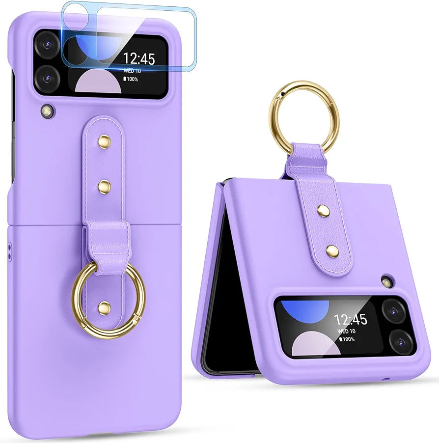 Galaxy Z Flip 4 Case for Women Girls, Z Flip 4 Metal Ring Holder Slim Case with Tempered Glass Camera Screen Protector, Matte PC Protective Cover for Samsung Galaxy Z Flip 4