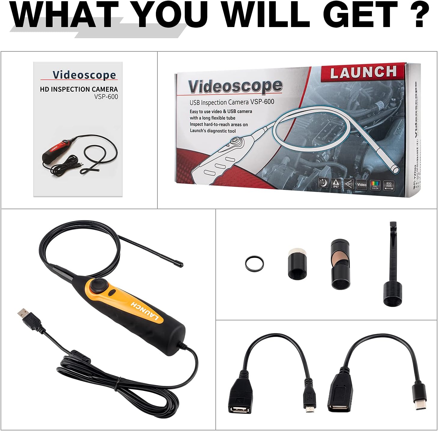 LAUNCH VSP-600 Videoscope, 7mm Snake Camera with 6 LED Lights USB Borescope, IP67 Waterproof HD Borescope Inspection Camera, Industrial HD Endoscope for X-431 Series, Android Cellphone