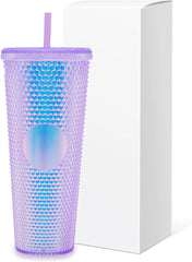 Iridescent Studded Double-Wall Plastic Tumbler with Lid, Straw - Ideal for DIY Customization, Iced Coffee, and Water, BPA-Free