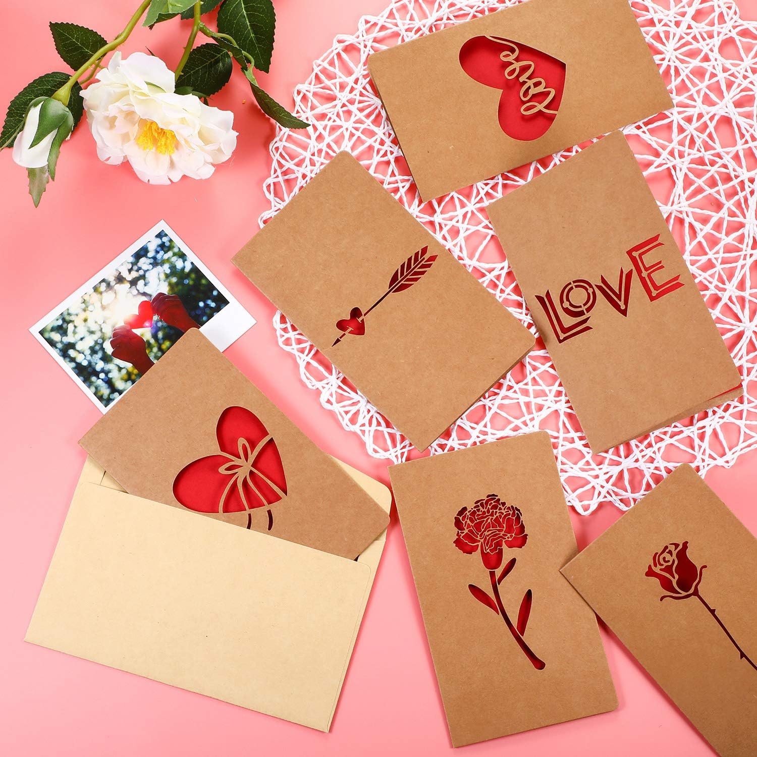 Valentine's Day Gift Cards Greeting Cards, 6 Assorted Kraft Die Cut Designs for Anniversaries Valentine's Day Gift Cards, Envelopes Included,7 x 4 Inches