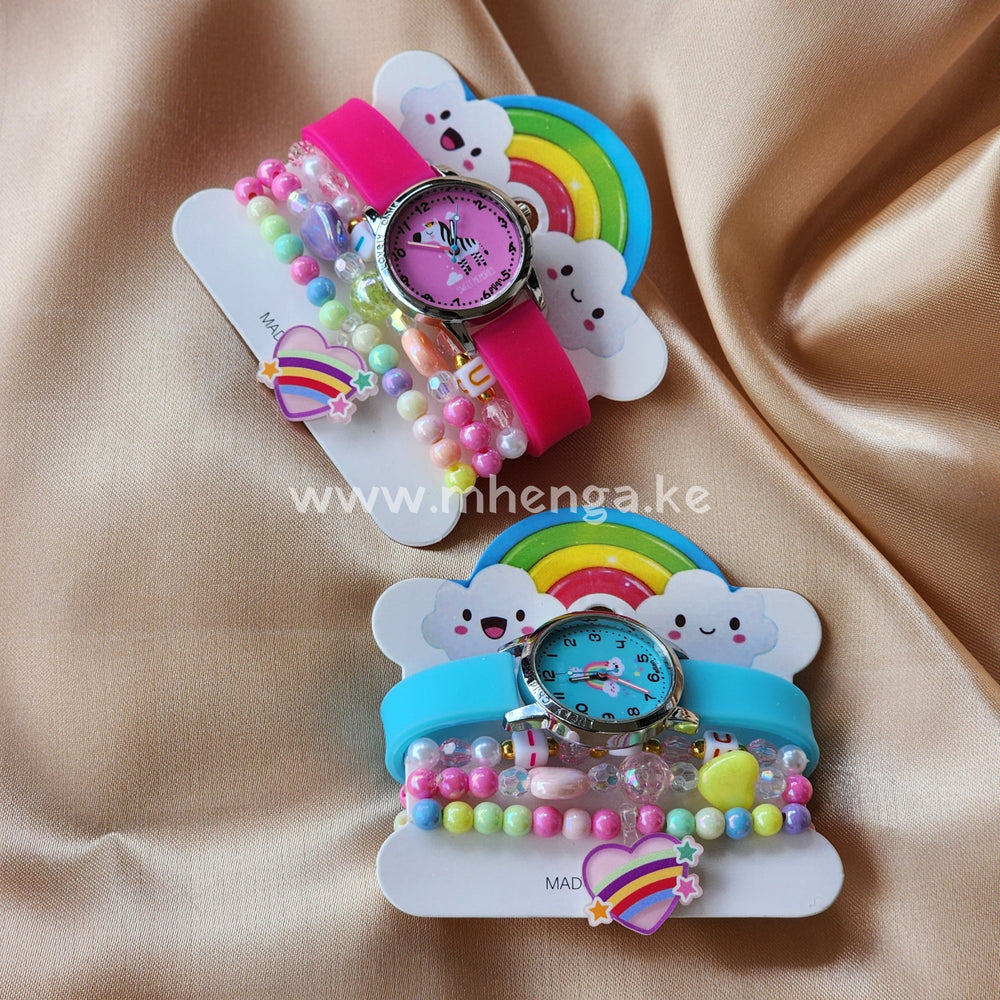 Girls Kids Watch And Bracelet Colored Heart Rainbow Design