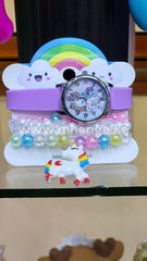Girls Kids Watch And Bracelet Colored Unicorn Rainbow Design