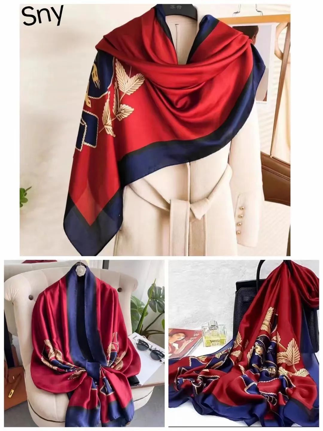 Silk scarf large red and blue