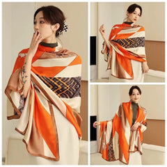Silk scarf large orange with print