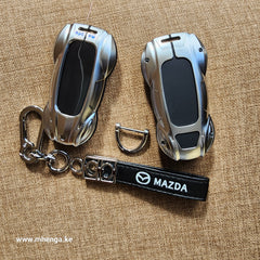 Metal Key Fob Cover for Mazda 6 , Atenza , Mazda CX 5, Mazda 3 , Mazda Axela 2013 - 2019 Key Shell Protector Holder with Keychain 5 Buttons Smart Key Case Silver