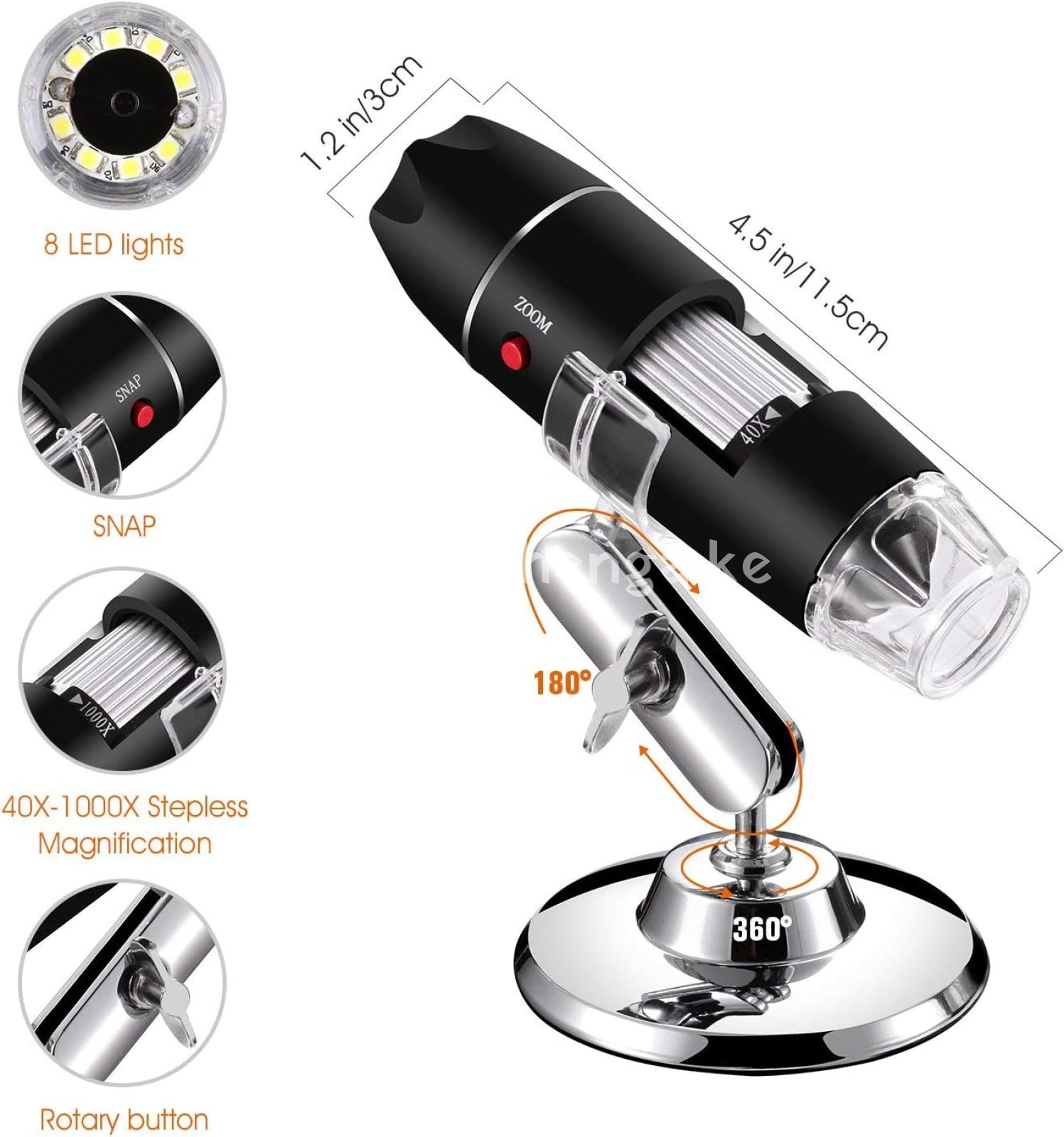 Usb Digital Microscope 40X To 1000X 8 Led Magnification Endoscope Camera With Carrying Case & Metal