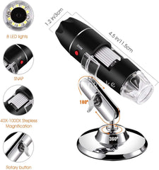 Usb Digital Microscope 40X To 1000X 8 Led Magnification Endoscope Camera With Carrying Case & Metal