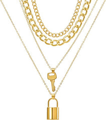 Chains , Key Lock Multilayer Necklace Thick Choker Necklaces Gold Necklace Chain for Women (Key lock layered necklace)
