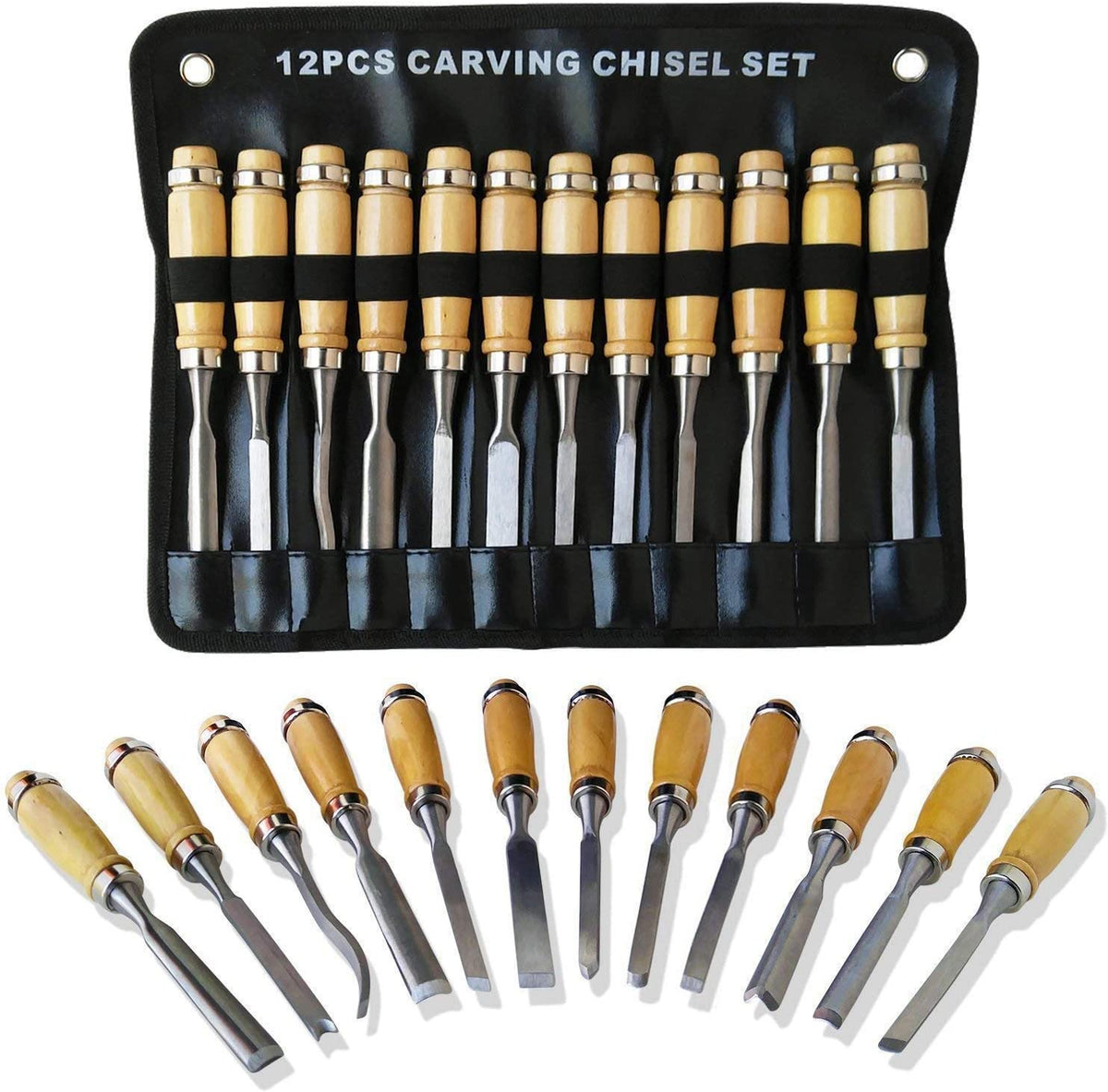12 pcs Wood Chisel Tool Set, Woodworking Chisels Wood Carving Tools Trimming Down Wood Woodworking Lathe Gouges Tools with Roll-Up Carrying Case for Carpenter Craftsman,6mm (1/4"), 12mm (1/2")