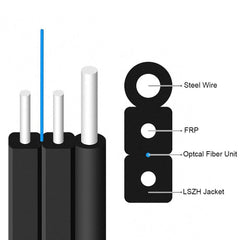 FTTH Outdoor Optical Fiber Drop Cable,G657A1,1 Core Single Mode,LSZH Black Jacket,1 Steel Wire+2 FRP Strength Member,500 Meters/Roll