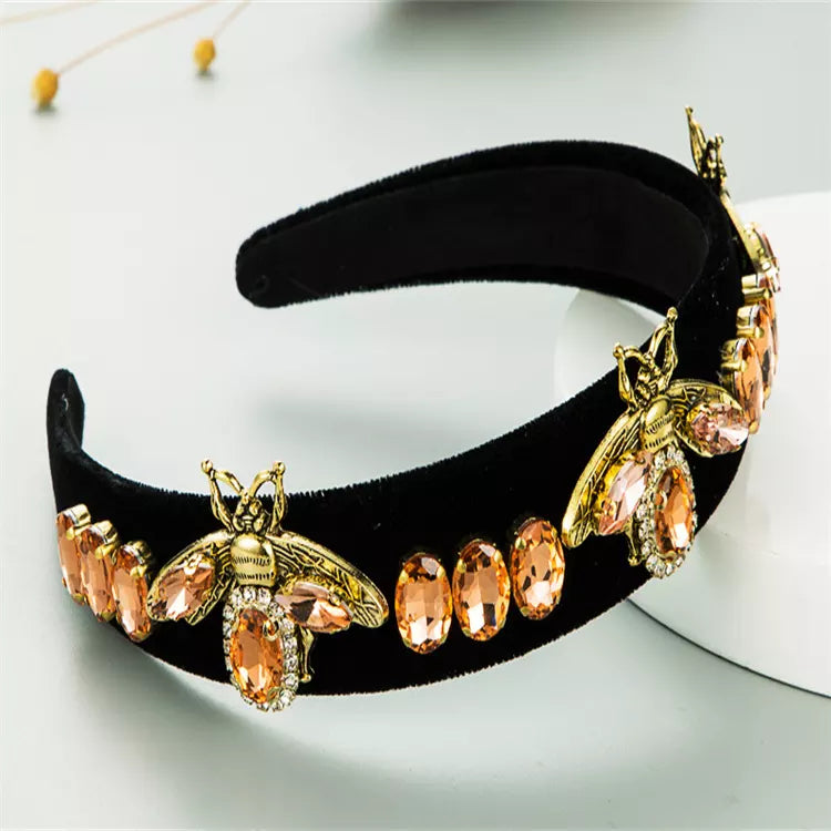 Fashion Personality Retro Baroque Alloy Bee Diamond golden velvet Crystal Hair Band