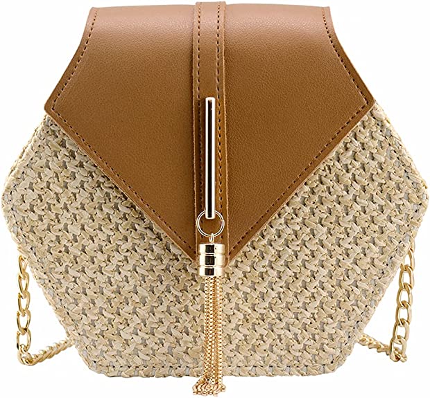 Boho bag hectagonal Women's Crossbody Bag Cute Straw Shoulder Bag