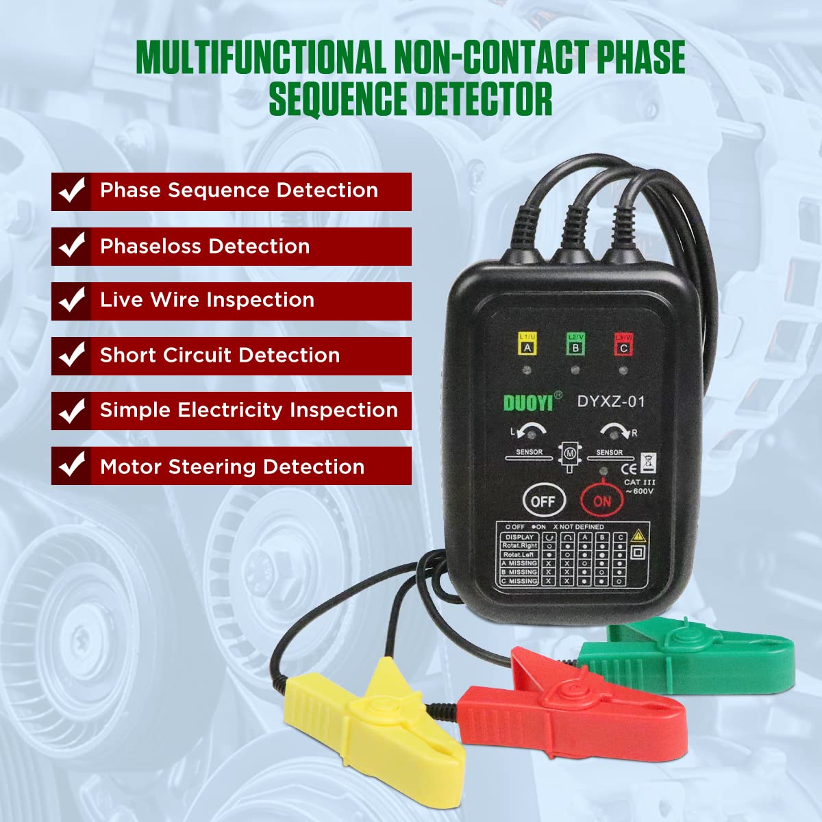 3 Phase Rotation Tester Non Contact Voltage Tester Phase Sequence Detector Short Detection 70V~600V AC Phase Rotation Meter Motor Rotation Tester with 0.6m Cable Length,Carrying Bag Phase Meter
