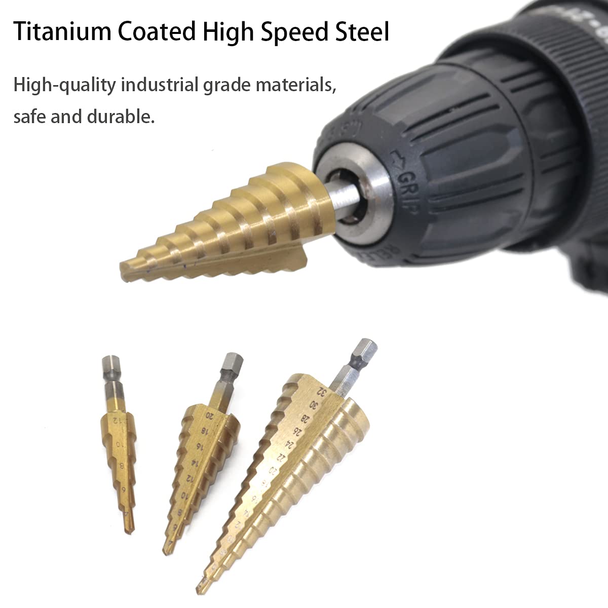 3 Pcs Cone Drill Bits for Metal Wood Plastic High Speed Steel Titanium Coated Metric Step Drill Bit Set (4-12mm, 4-20mm, 4-32mm)