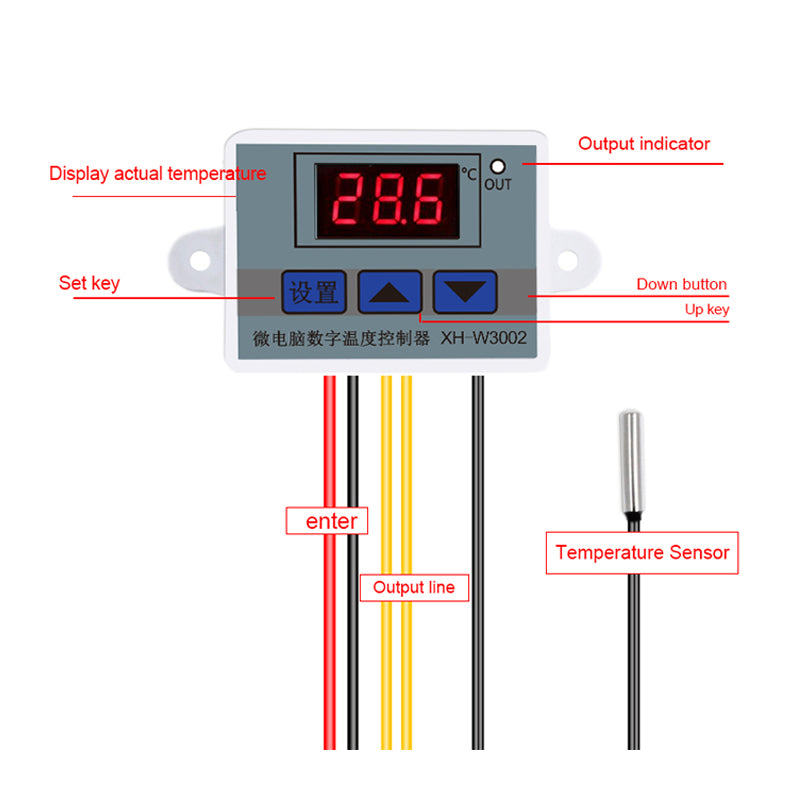 XH-W3002 DC 24V 10A Microcomputer Digital Temperature Controller Digital Display Thermostat Control Switch and NTC 10K Thermistor Sensors Digital Temperature Probe (24V 240W)