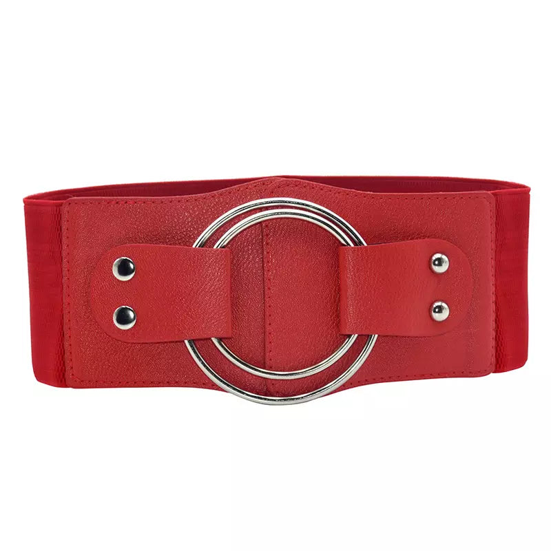 Round-circle Decoration Solid Color Leather Wide Elastic Belt For Dress Lady