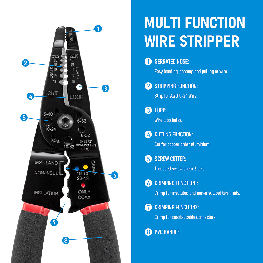7 in 1 Wire Stripper Cutter Wire Stripping Tool - 8 Inch, Multi-Function Hand Tool , Crimping Plier