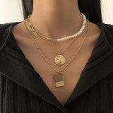 Layered Gold Initial Necklaces for Women , Multi layered chains with necklace beads with coin and metal pendant , Ladies chain